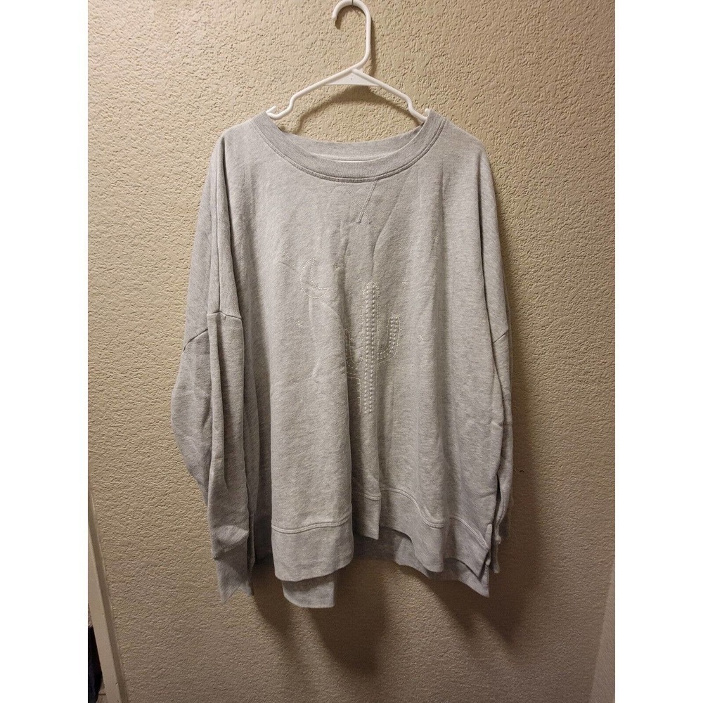 True Craft Light Gray Sweatshirt With Embroidered Cactus And Moon Size 2X